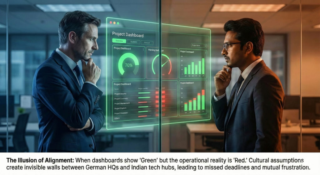 The Illusion of Alignment: When dashboards show 'Green' but the operational reality is 'Red.' Cultural assumptions create invisible walls between German HQs and Indian tech hubs, leading to missed deadlines and mutual frustration.