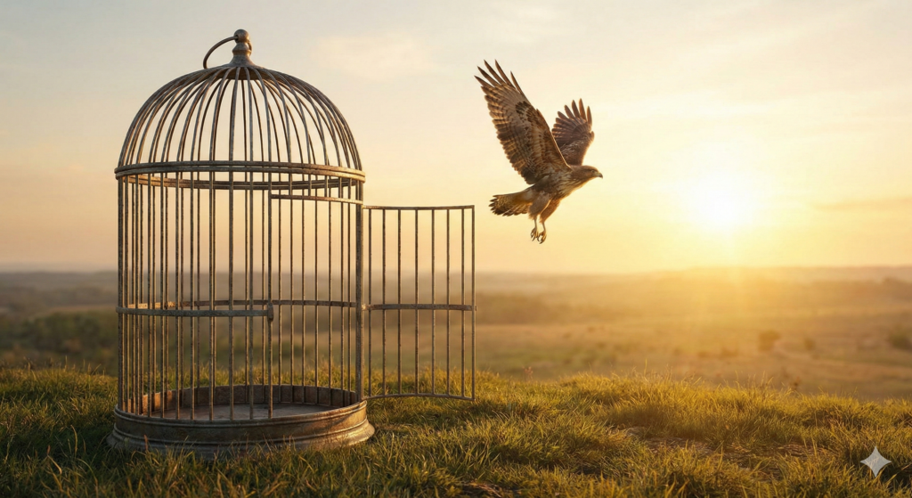 Ein geöffneter, antiker Vogelkäfig im warmen Sonnenaufgangslicht. Ein Vogel fliegt kraftvoll heraus in die Freiheit. Das Bild steht metaphorisch für die "13 Wishes", das Sprengen von limitierenden Glaubenssätzen und das Einnehmen des eigenen Raumes. Hohe fotografische Qualität, inspirierend, nicht kitschig.