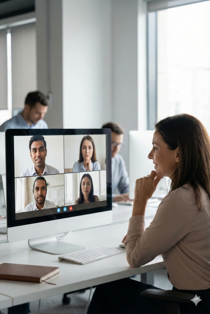 Deutscher Alt-Text:
"Eine Managerin im Büro hört während einer Videokonferenz aufmerksam einem kulturell diversen Team zu, was die Fähigkeit der 'Empathy Bridge' und das Erkennen unausgesprochener Signale in der interkulturellen Führung demonstriert."
Englischer Alt-Text:
"A manager in an office listening attentively during a video conference with a culturally diverse team, demonstrating the 'Empathy Bridge' capability and the skill of decoding unspoken signals in cross-cultural leadership."