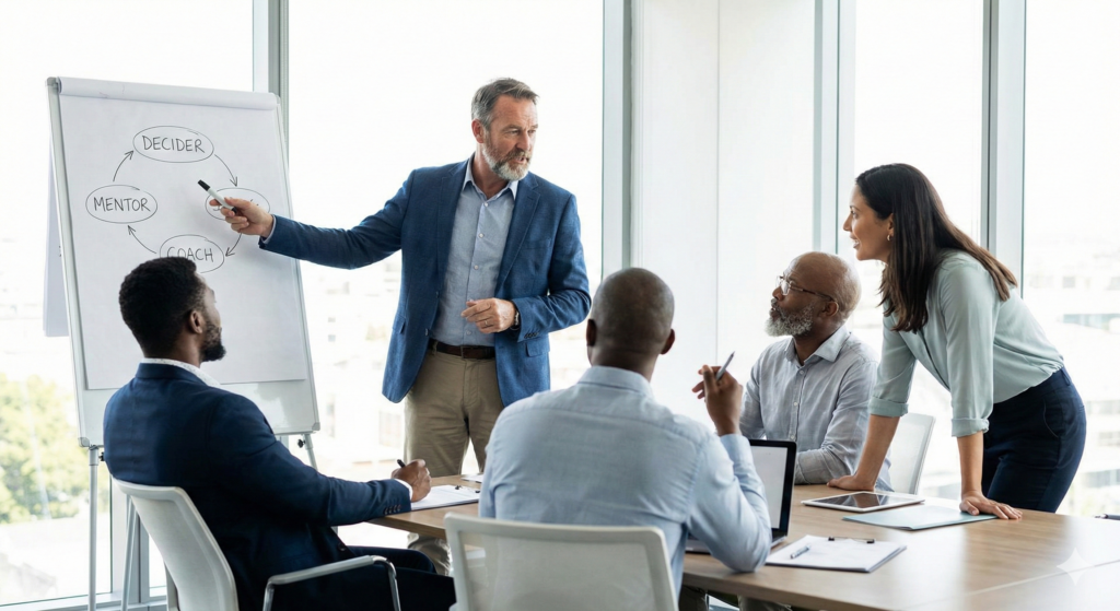 Deutscher Alt-Text:
"Eine vertikale Aufnahme eines diversen Führungsteams während eines Workshops in einem modernen Büro. Ein Leiter steht am Whiteboard und erklärt das 'Decider, Mentor, Coach'-Modell als Kern der kulturell nuancierten Führungsmethodik, während das Team engagiert zuhört."
Englischer Alt-Text:
"A vertical photograph of a diverse leadership team during a workshop in a modern office. A leader stands at a whiteboard explaining the 'Decider, Mentor, Coach' model as the core of the cultural nuanced leadership methodology, while the team listens intently."