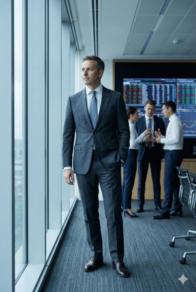 English Alt-Text:
"A male executive exhibiting unshakable executive presence and self-regulation. He stands composed by a window, taking a strategic pause, contrasting with the busy, high-pressure office environment and market data screens in the background."
Deutscher Alt-Text:
"Ein Manager demonstriert unerschütterliche Executive Presence und Selbstregulierung unter Druck. Er steht gefasst am Fenster und legt eine strategische Pause ein, als ruhiger Kontrast zu der hektischen Büroumgebung und den Finanzdaten im Hintergrund."
