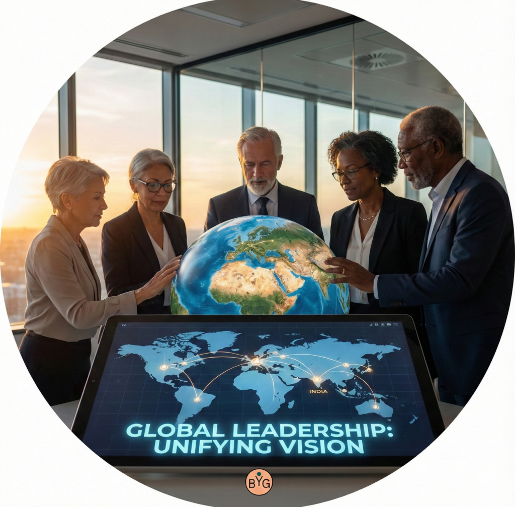 Five leaders from different cultural backgrounds collaborating on a blueprint, representing the bridge between Germany, India, and Slovakia built by Andy Balbus.