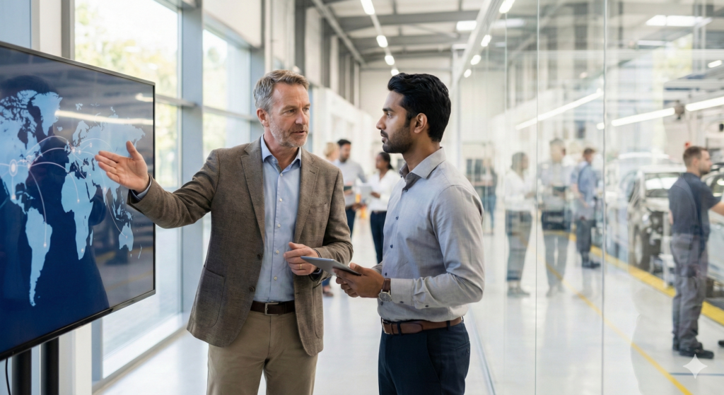 An experienced automotive executive looking at a global shop floor, representing the intercultural mentoring services of Andy Balbus BYG Consulting.
