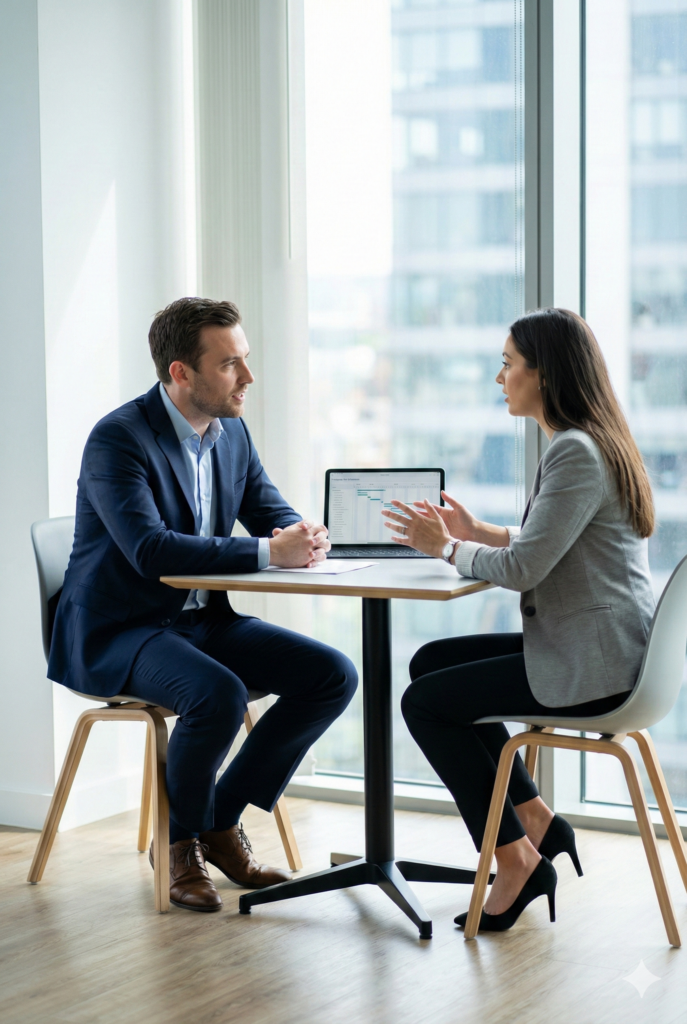 English Alt-Text:
"Two professionals in a modern office having a constructive, serious conversation over a laptop with a project timeline, demonstrating the skills of relationship management and conflict resolution in a corporate environment."
Deutscher Alt-Text:
"Zwei Fachkräfte in einem modernen Büro führen ein konstruktives, ernstes Gespräch über einem Laptop mit einem Projektzeitplan. Dies veranschaulicht die Fähigkeiten des Beziehungsmanagements und der Konfliktlösung im Unternehmenskontext."