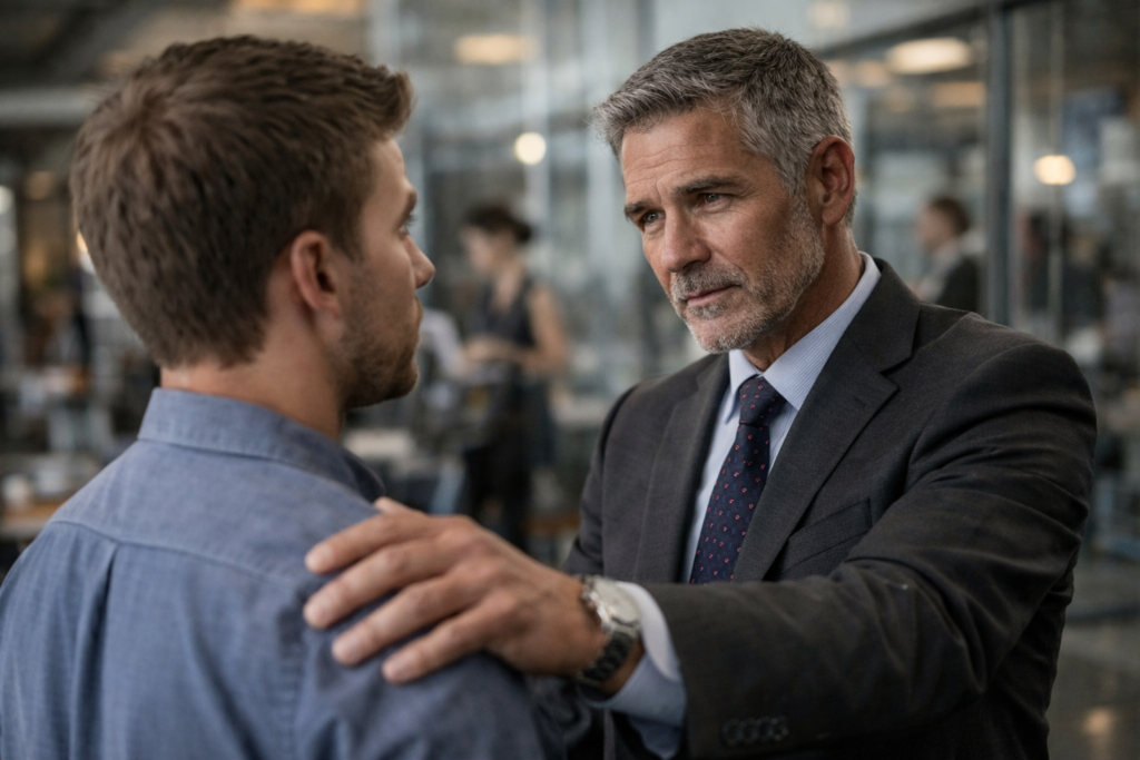 Phase 4 Executive Sparring Program: The Succession Protocol, the Old Successful Manager claps the shoulder of the Young Generation Manager and shows the Trust.