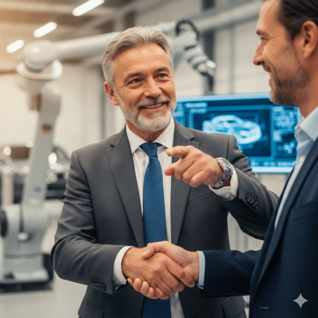 Ein fester Handschlag zwischen zwei Geschäftsführern als Symbol für Vertrauen und Handschlagqualität im Unternehmer-Sparring.